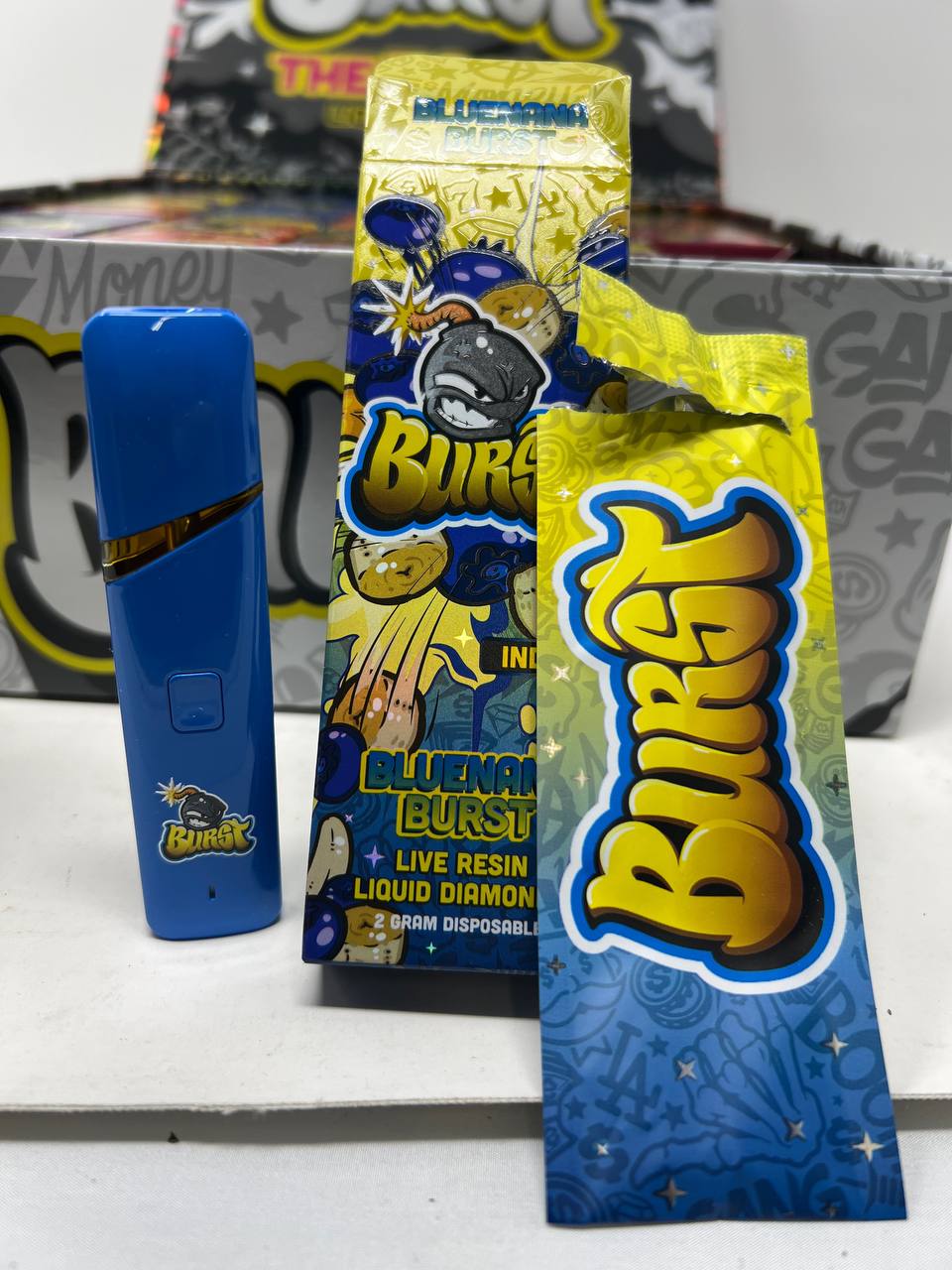 BURST 2G Bluenana Burst device azul con caja amarilla - Live Resin Liquid Diamonds California
