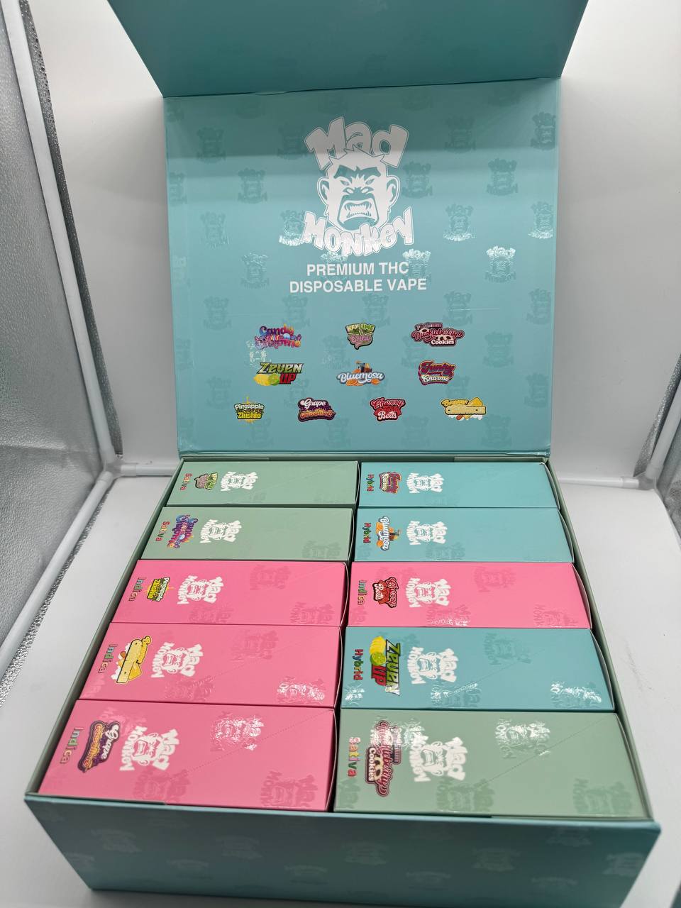 Mad Monkey 1G display abierto turquesa - 11 sabores Premium THC California